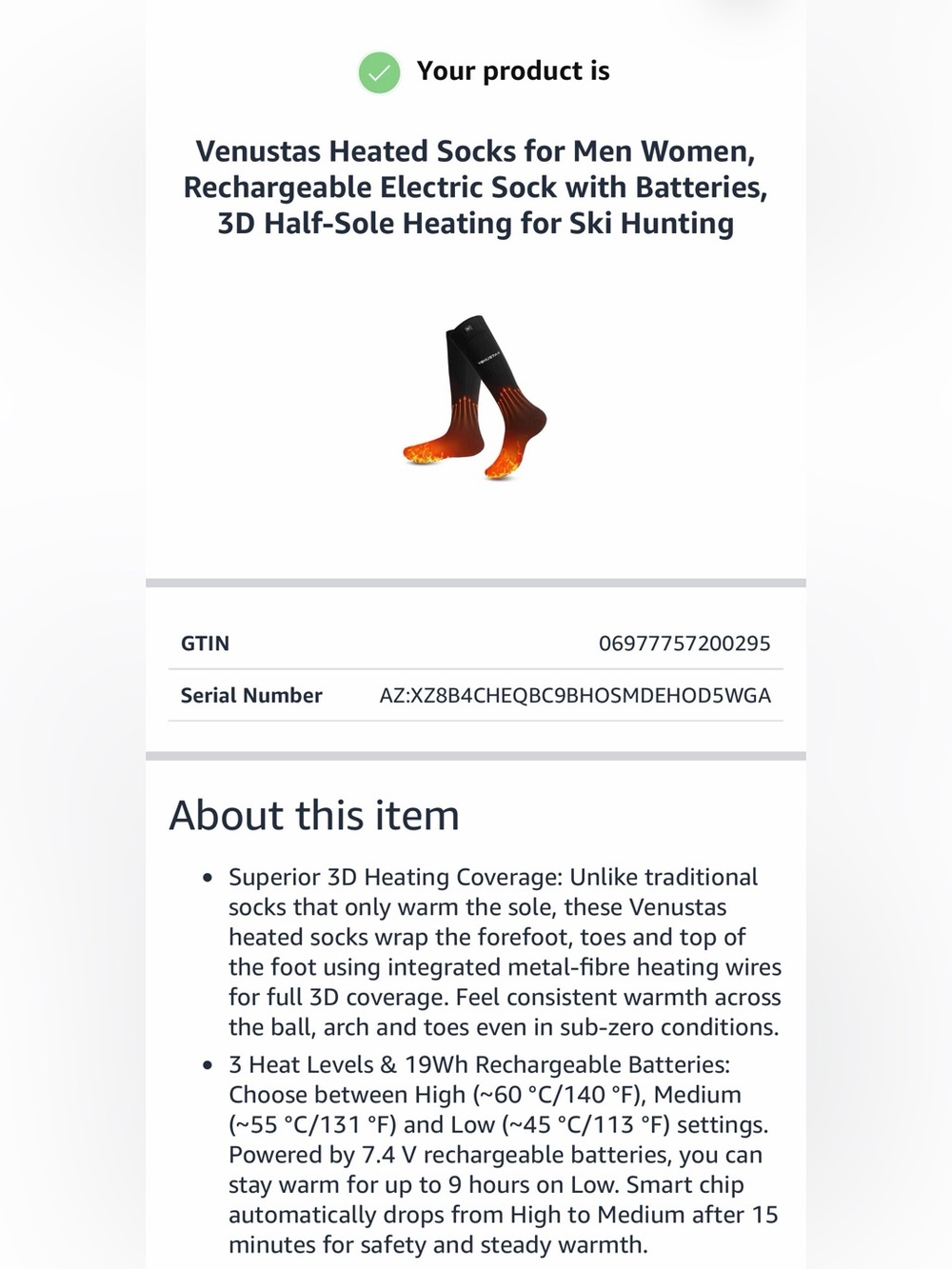 Venustas Size Medium- Heated Socks